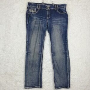Amethyst Womens Jeans Boot Cut Blue‎ Denim Flap Pocket Stone Wash Jeweled Mid 16